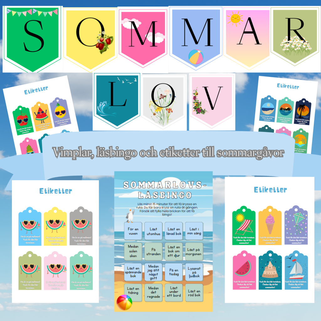 Skolavslutningspaket med vimplar, etiketter och läsbingo