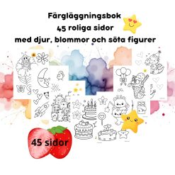 Färgläggningsbok, 45 roliga sidor med djur, blommor och söta figurer