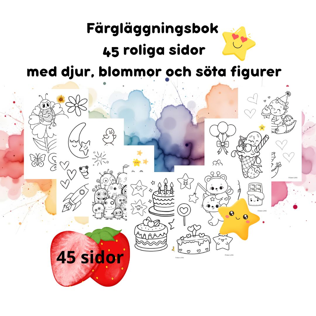 Färgläggningsbok, 45 roliga sidor med djur, blommor och söta figurer