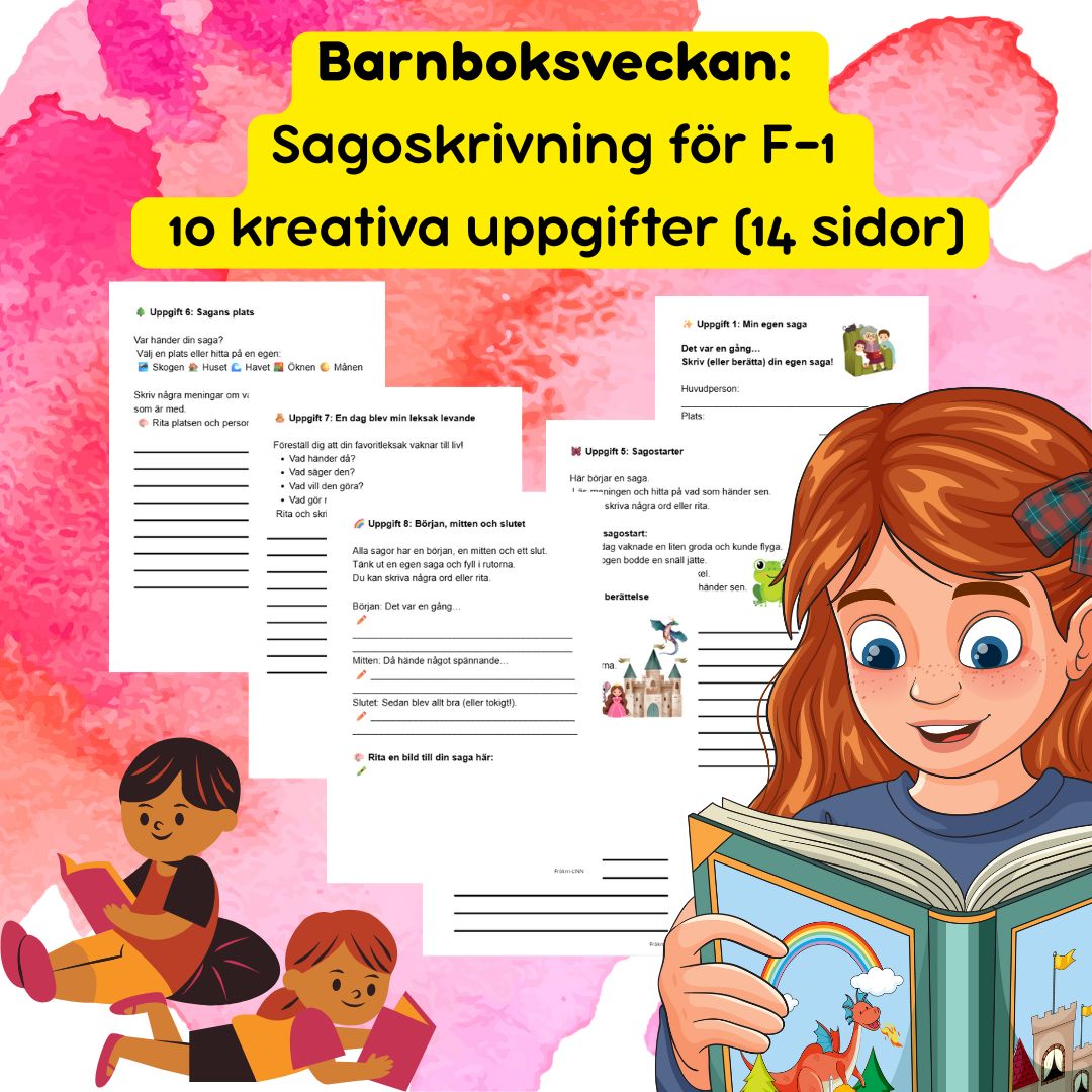 Sagoskrivning för F–1 | 10 färdiga uppgifter – perfekt för Barnboksveckan, & skrivträning