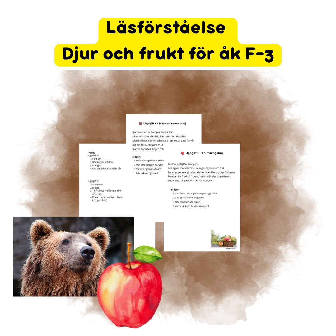 Läsförståelse – Djur och frukt för åk F–3