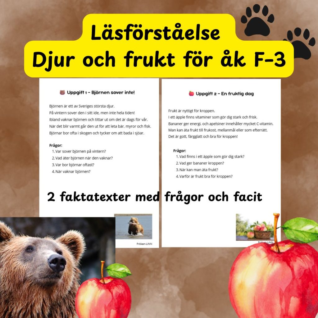 Läsförståelse – Djur och frukt för åk F–3