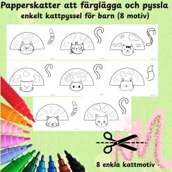 Papperskatter att färglägga och pyssla – enkelt kattpyssel för barn (8 motiv)