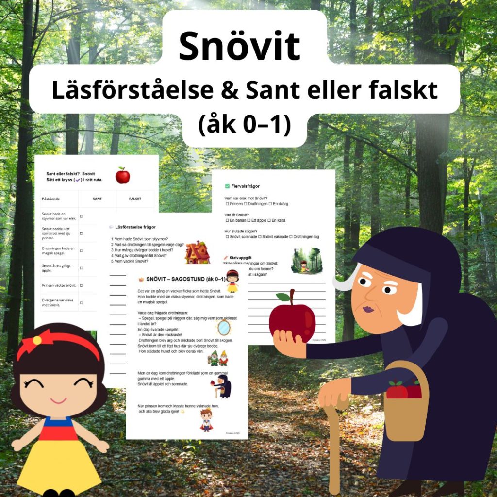 Snövit – Läsförståelse & Sant eller falskt (åk 0–1)