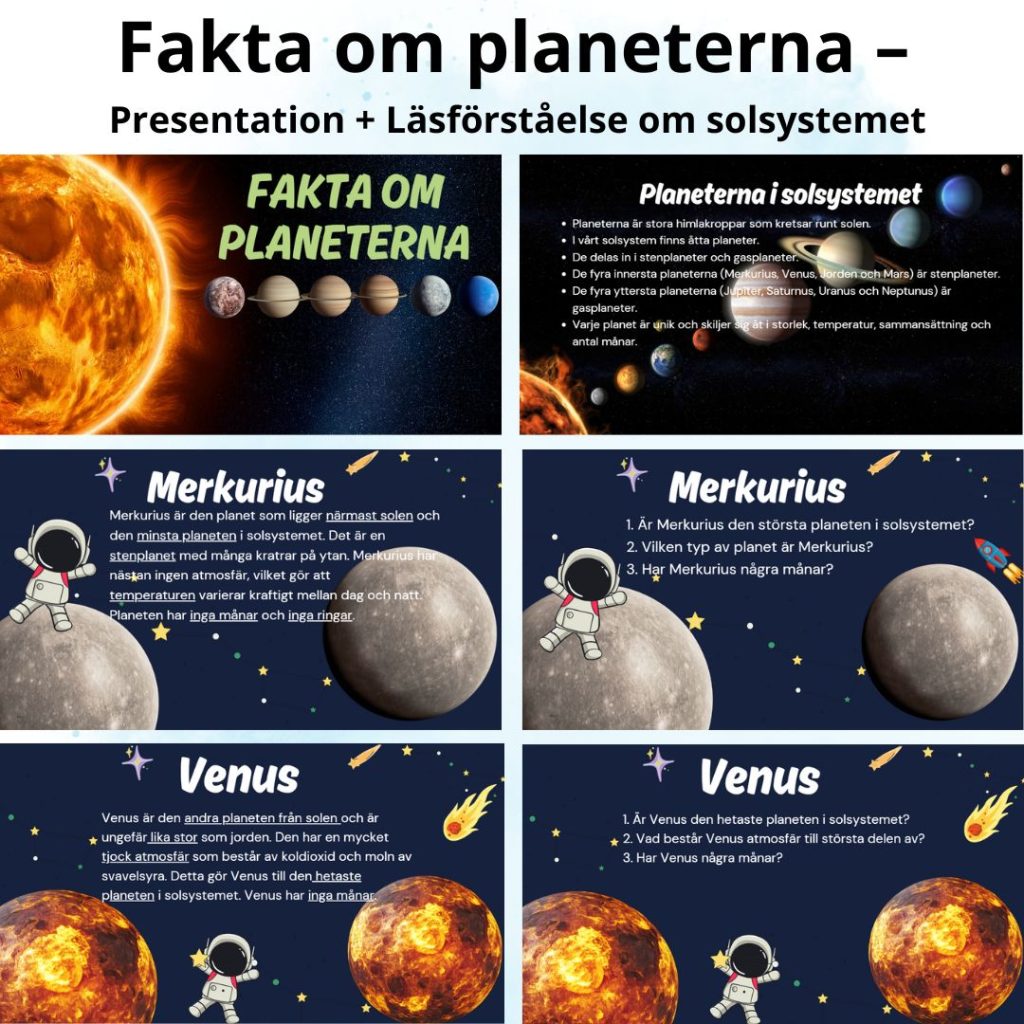 Fakta om planeterna – Läsförståelse + presentation om solsystemet (åk 2–6)