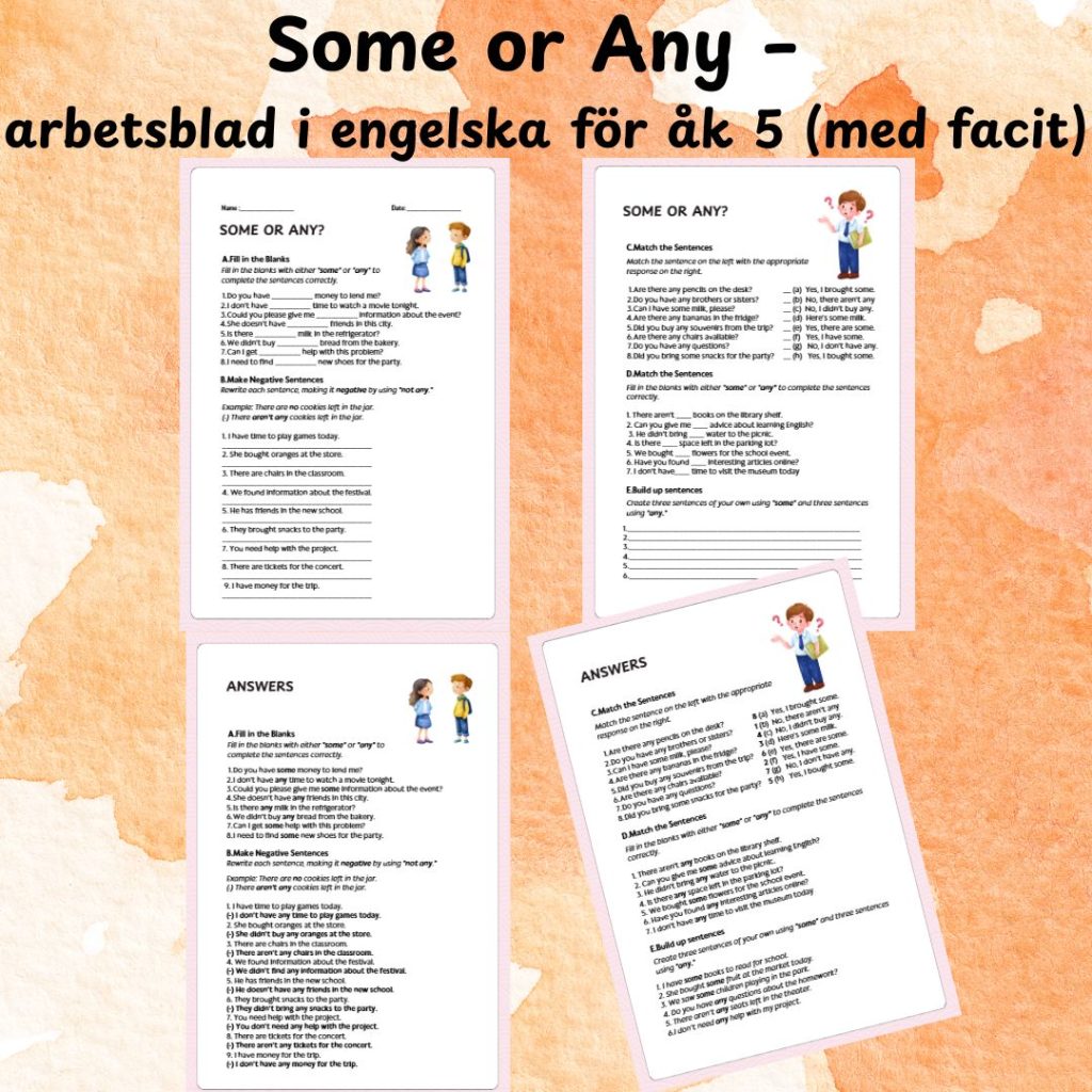 Some or Any – arbetsblad i engelska för åk 5 (med facit)