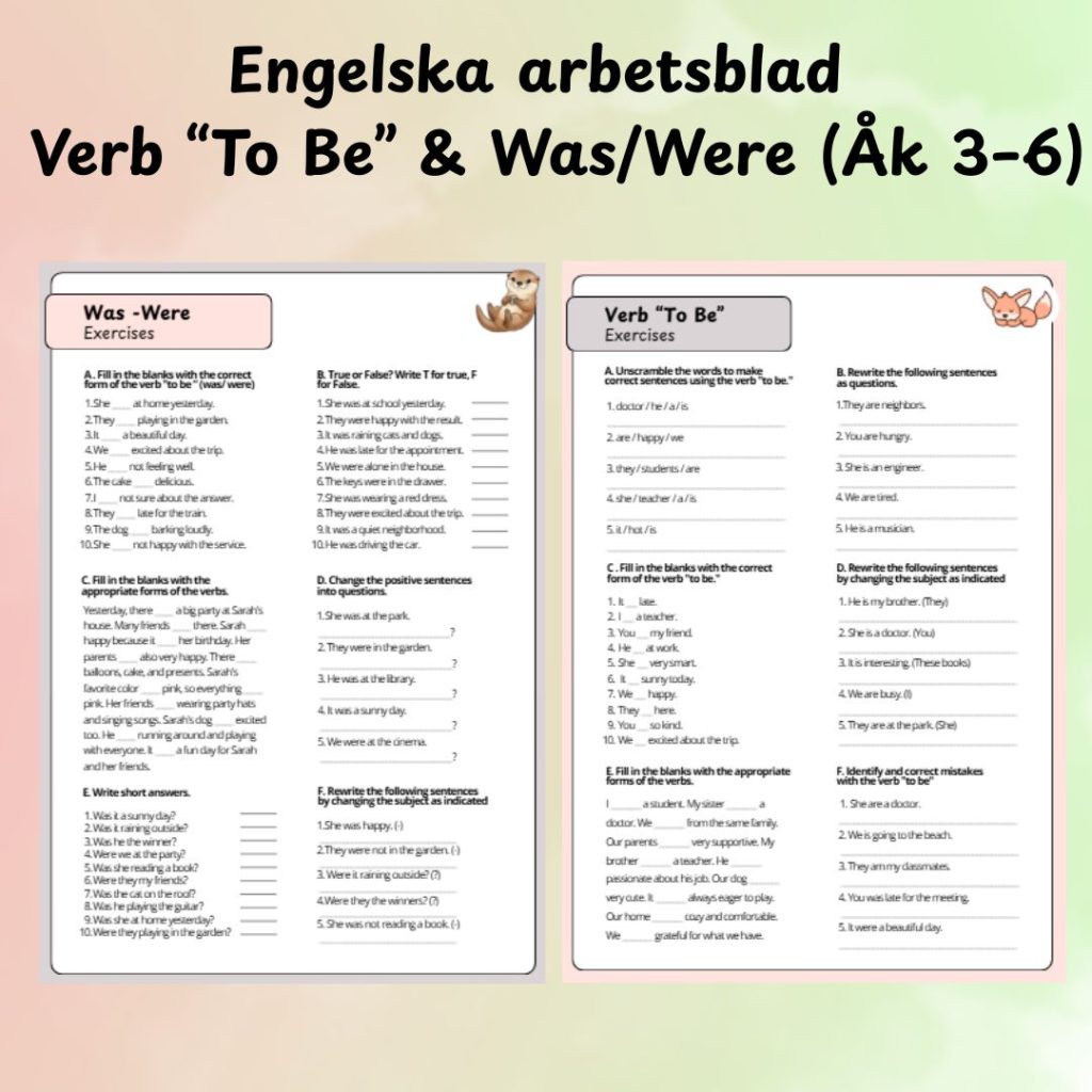 Engelska arbetsblad – Verb “To Be” & Was/Were (Åk 3–6)