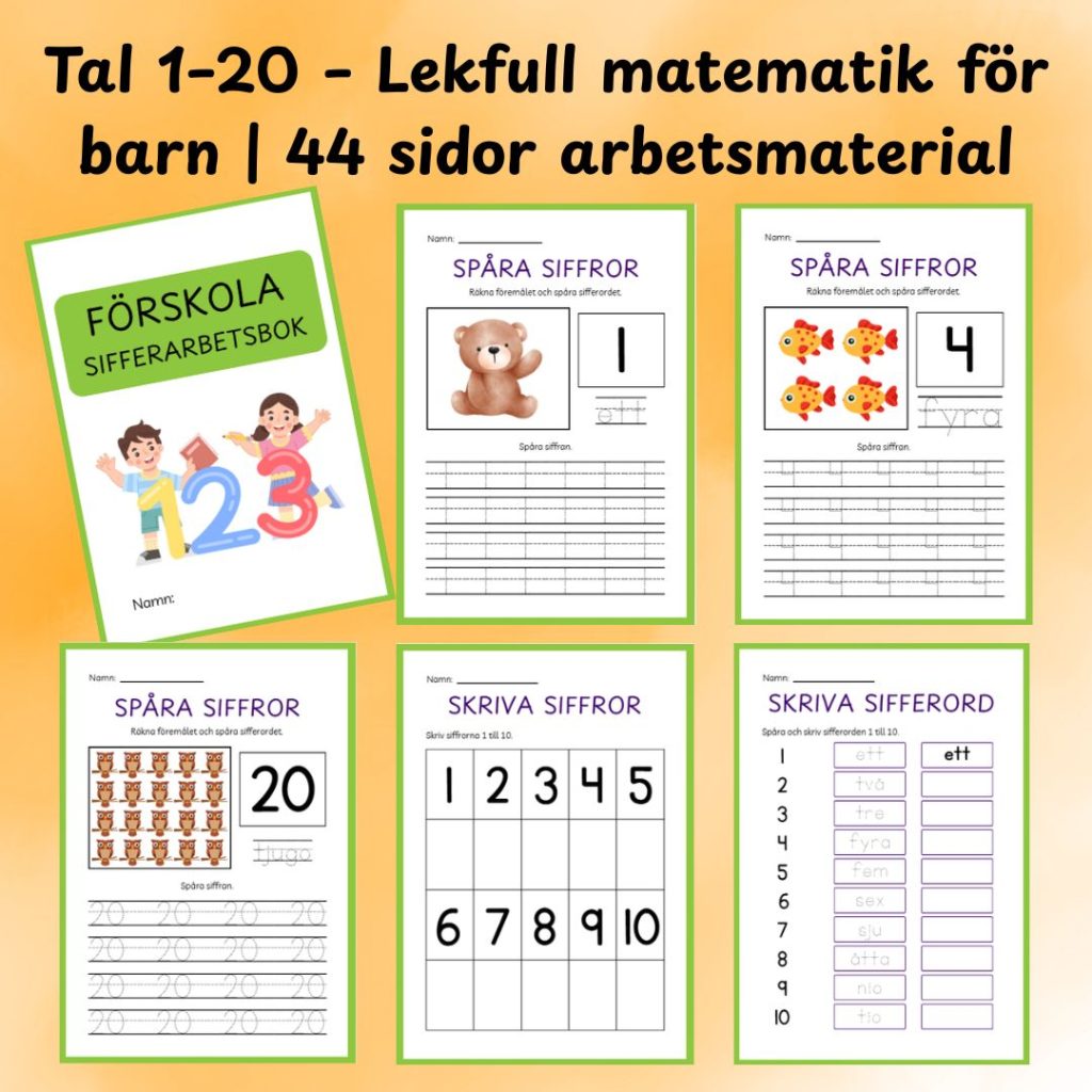 Tal 1–20 – Lekfull matematik för barn | 44 sidor arbetsmaterial